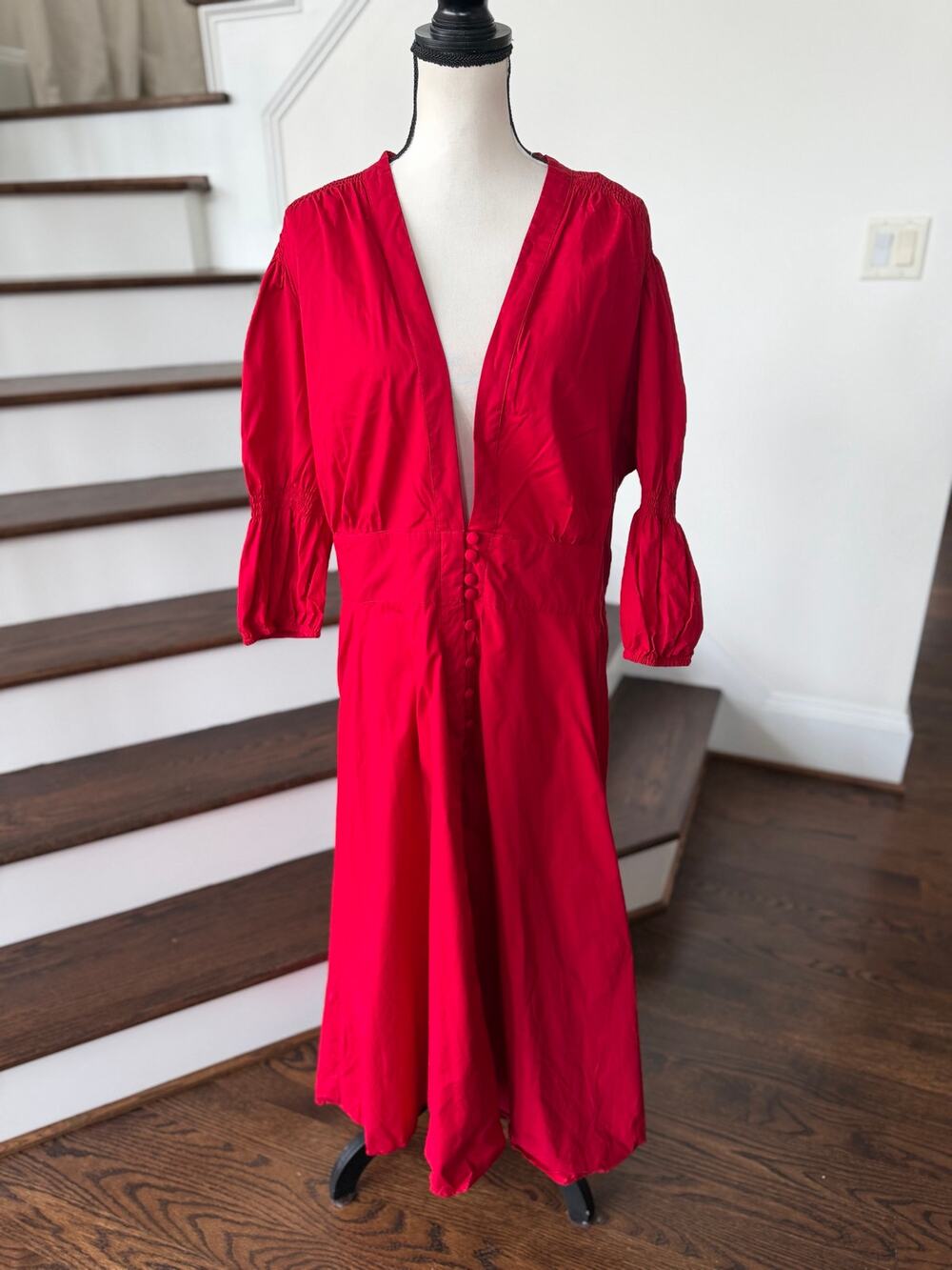 EShakti Red Plunge V-Neck 3/4 Puff Sleeve A-Line Midi Dress